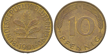 Германия 10 пфеннигов 1991 F KM 108, J. 383 сталь плакированная латунью 4604-1145