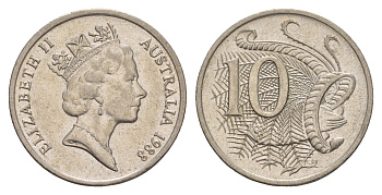 Австралия 10 центов 1988 Елизавета II (1952-2022), птица лирахвост KM 81 медно-никель aUNC 4657-155
