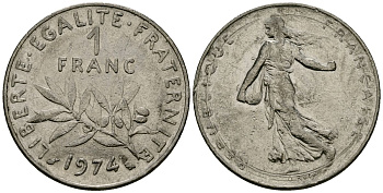 Франция 1 франк 1974 сеятель KM 925 никель 4135-835