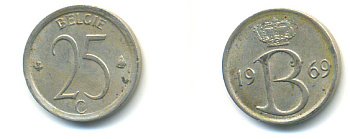 Бельгия 25 сантимов 1969 Belgie, Бодуэн I (1951-1993) KM 154.1 медно-никель 86-1255