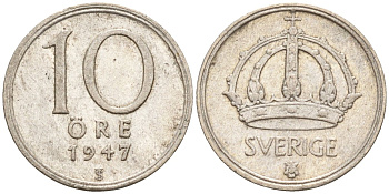 Швеция 10 эре 1947 TS, Густав V (1907-1950) KM 813 серебро 4147-853