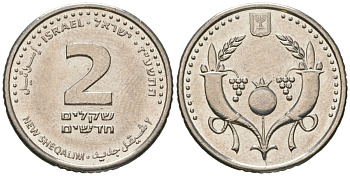 Израиль 2 новых шекеля 2008 JE 5768 KM 433 сталь плакированная никелем aUNC 4606-952