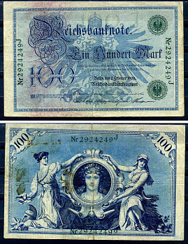 Германия 100 марок 1908 7 февраля 1908, выпуск конец 1916 - ноябрь 1918, зеленая печать Pick 34 бумага 8619-32-2-1