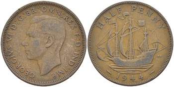 Великобритания 1/2 пенни 1944 Георг VI (1936-1952) KM 844, Spink 4115 бронза 51-5116