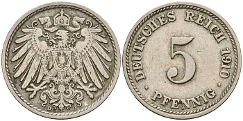 Германия 5 пфеннигов 1910 D, KM 11, J. 12 медно-никель 4364-3035