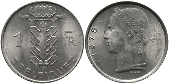 БЕЛЬГИЯ 1 ФРАНК 1975 BELGIQUE KM 142.1 медно-никель 98-616