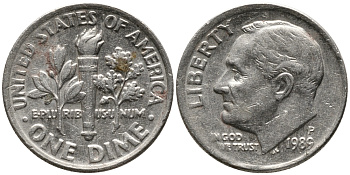 США 10 ЦЕНТОВ = 1 ДАЙМ 1989 Р, РУЗВЕЛЬТ KM 195а медь плакированная медно-никелем 39-152