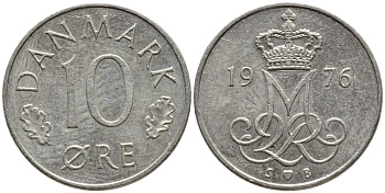 Дания 10 эре 1976 S; B, Маргрете II (1972- ) KM 860.1 медно-никель 4396-535