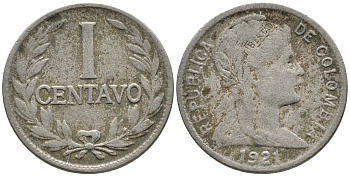 Колумбия 1 сентаво 1921 KM 275 медно-никель 4532-164