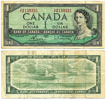Канада 1 доллар 1954 подписи Bouey & Rasminsky, BABNC Pick 75c бумага 445-72-2-1