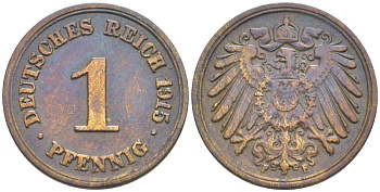 ГЕРМАНИЯ 1 ПФЕННИГ 1915 F KM 10, Jager. 10, Weege 2 медь 4528-663