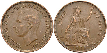 Великобритания 1 пенни 1938 Георг VI (1936-1952) КМ 845, Spink 4114 бронза 115-334