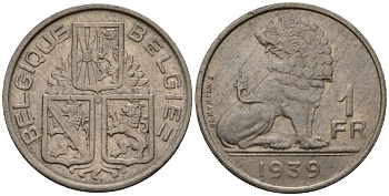 Бельгия 1 франк 1939 Belgique - Belgie KM 119 никель 4603-1233