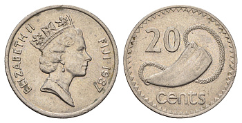 Фиджи 20 центов 1987 Елизавета II (1952-2022), китовый зуб KM 53 медно-никель aUNC 4545-1016