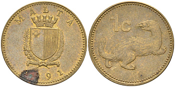 Мальта 1 цент 1991 ласка, горностай KM 93 никель латунь 4585-1153