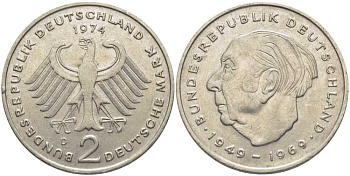 ФРГ 2 МАРКИ 1974 D, ТЕОДОР ХОЙС KM 127, J. 407 медно-никель плакированный никелем 175-733
