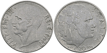 ИТАЛИЯ 20 ЧЕНТЕЗИМО 1939 R, ВИКТОР ИМАНУИЛ, XVII ГОД, НЕ МАГНИТНАЯ KM 75d нержавеющая сталь 98-131