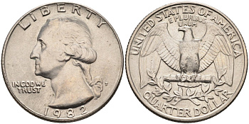 США 25 центов = квотер 1982 P, Вашингтон KM A164a медь плакированная медно-никелем 4584-1144