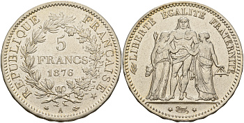 Франция 5 франков 1876 А, Геракл с богинями равенства и братства KM 820.1 серебро 00-1067-8-54