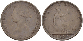 Великобритания 1 фартинг 1860 Виктория (1837-1901), зубчатая кайма KM 747.2, Spink 3958 бронза 4549-767