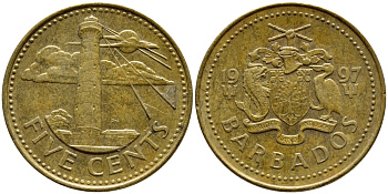 Барбадос 5 центов 1997 маяк Саут-Пойнт KM 11 латунь 4398-554