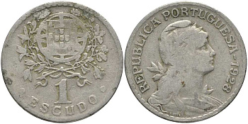 ПОРТУГАЛИЯ 1 ЭСКУДО 1928 ГОЛОВА СВОБОДЫ ВПРАВО КМ 578 медно-никель 202-343