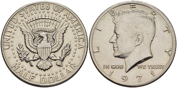 США 1/2 доллара (50 центов) 1971 Джон Кеннеди KM 202b медь плакированная медно-никелем 32-1211