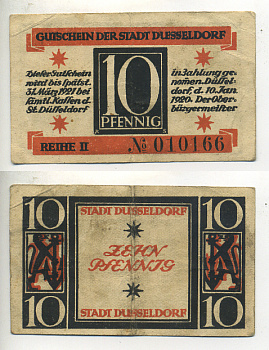ДЮССЕЛЬДОРФ 10 ПФЕННИГОВ 1920 НОТГЕЛЬД 10 ЯНВАРЯ 1920 - 31 МАРТА 1921. ЗЕМЛЯ СЕВЕРНЫЙ РЕЙН-ВЕСТФАЛИЯ, Grabowski D.35.6 бумага 7222-20-3
