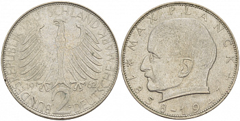 ФРГ 2 марки 1962 G , Макс Планк KM 116, J. 392 медно-никель плакированный никелем 110-314