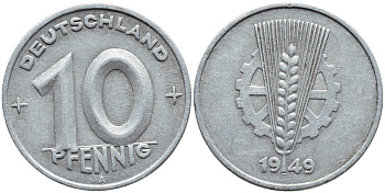 ГДР 10 ПФЕННИГОВ 1949 А KM 3 алюминий 26-312