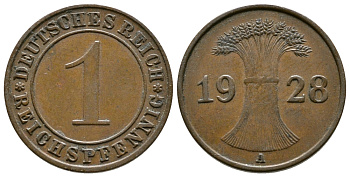 ГЕРМАНИЯ 1 РЕЙХСПФЕННИГ 1928 A KM 37, J.313 бронза 4380-1146