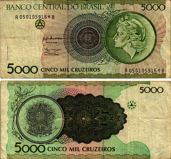 БРАЗИЛИЯ 5000 КРУЗЕЙРО 1990 СЕРИЯ А0501, ПОДПИСЬ 28, ЧРЕЗВЫЧАЙНЫЙ ВЫПУСК 1992 ГОДА, ГОЛОВА СВОБОДЫ Pick 227 бумага 7547-43-3-2