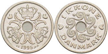 Дания 1 крона 1995 LG; JP; A, Маргрете II (1972- ) KM 873.1 медно-никель 67-615