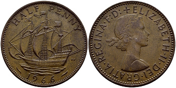 Великобритания 1/2 пенни 1966 Елизавета II (1952-2022) KM 896, Spink 4158 бронза 51-2527