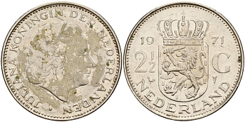 Нидерланды 2 1/2 гульдена 1971 Юлиана (1949-1980) KM 191 никель 4157-414