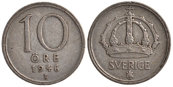 Швеция 10 эре 1946 TS, Густав V (1907-1950) KM 813 серебро 4179-543