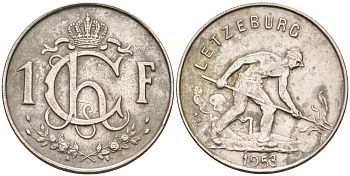 Люксембург 1 франк 1953 сталевар KM 46.2 медно-никель    4142-431