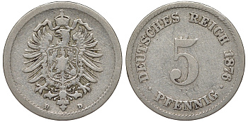 Германия 5 пфеннигов 1876 D, старогербовка KM 3, J. 3 медно-никель 51-3317