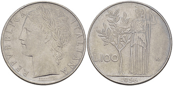 ИТАЛИЯ 100 ЛИР 1956 R, АФИНА KM 96.1 нержавеющая сталь 32-1232