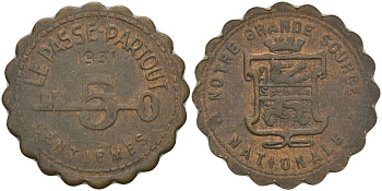 ФРАНЦИЯ 5 САНТИМОВ 1931 ПЛАТЕЖНЫЙ ЖЕТОН, ТОКЕН, НАШ ВЕЛИКИЙ НАЦИОНАЛЬНЫЙ ИСТОЧНИК SPONTIN, ФИГУРНЫЙ КРАЙ, ДИАМЕТР 23 ММ. бронза 98-1016