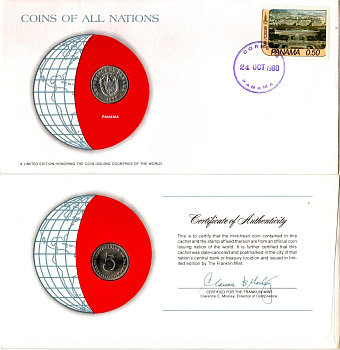 Панама 5 сентесимо 1975 конверт с маркой первого дня гашения, Coins of Nations KM 23.2 медно-никель UNC 4294-20-3