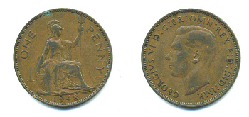 Великобритания 1 пенни 1948 Георг VI (1936-1952) KM 845, Spink 4114 бронза 4383-724