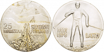 Финляндия 25 марок 1978 K-N, 21 Чемпионат мира по лыжным видам спорта 1978 в Лахти KM 56 серебро UNC 1515-1243