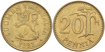 ФИНЛЯНДИЯ 20 ПЕННИ 1981 K KM 47 алюминиевая бронза 3718-515
