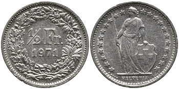 Швейцария 1/2 франка 1971 KM 23а.1 медно-никель 4528-558