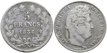 Франция 5 франков 1836 B, Луи Филипп I (1830-1848) KM 749.2 серебро 1066-7-52