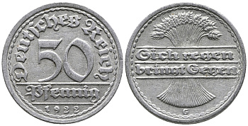 ГЕРМАНИЯ 50 ПФЕННИГОВ 1922 G KM 27, J. 301 алюминий 24-1051