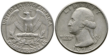 США 25 центов (квотер) 1974 D, Вашингтон KM 164a медь плакированная медно-никелем 57-712