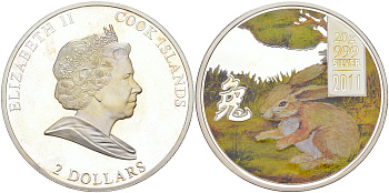 Острова Кука 2 доллара 2011 год Кролика, цветная эмаль KM NEW серебро PROOF 1091-9-52