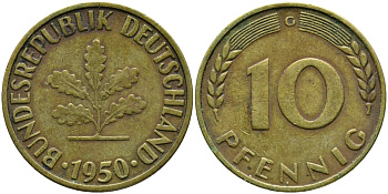 ФРГ 10 ПФЕННИГОВ 1950 G KM 108, J.383 сталь плакированная латунью 98-355